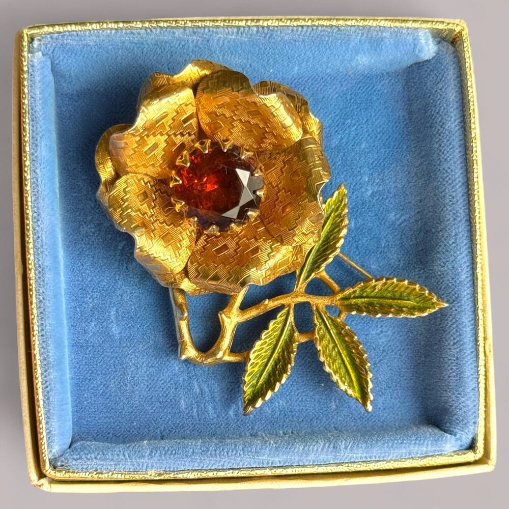 Vintage Sarah Coventry “Ember Flower” Brooch 3D Etched Art Deco Gold Tone Topaz
